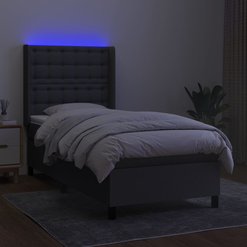 vidaXL Cama box spring colchón y luces LED tela gris oscuro 90x190 cm