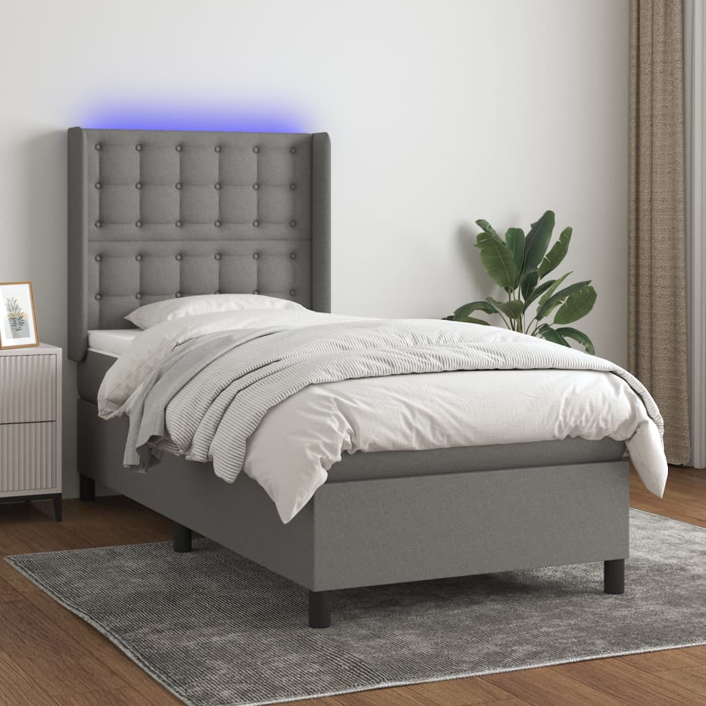 vidaXL Cama box spring colchón y luces LED tela gris oscuro 90x190 cm