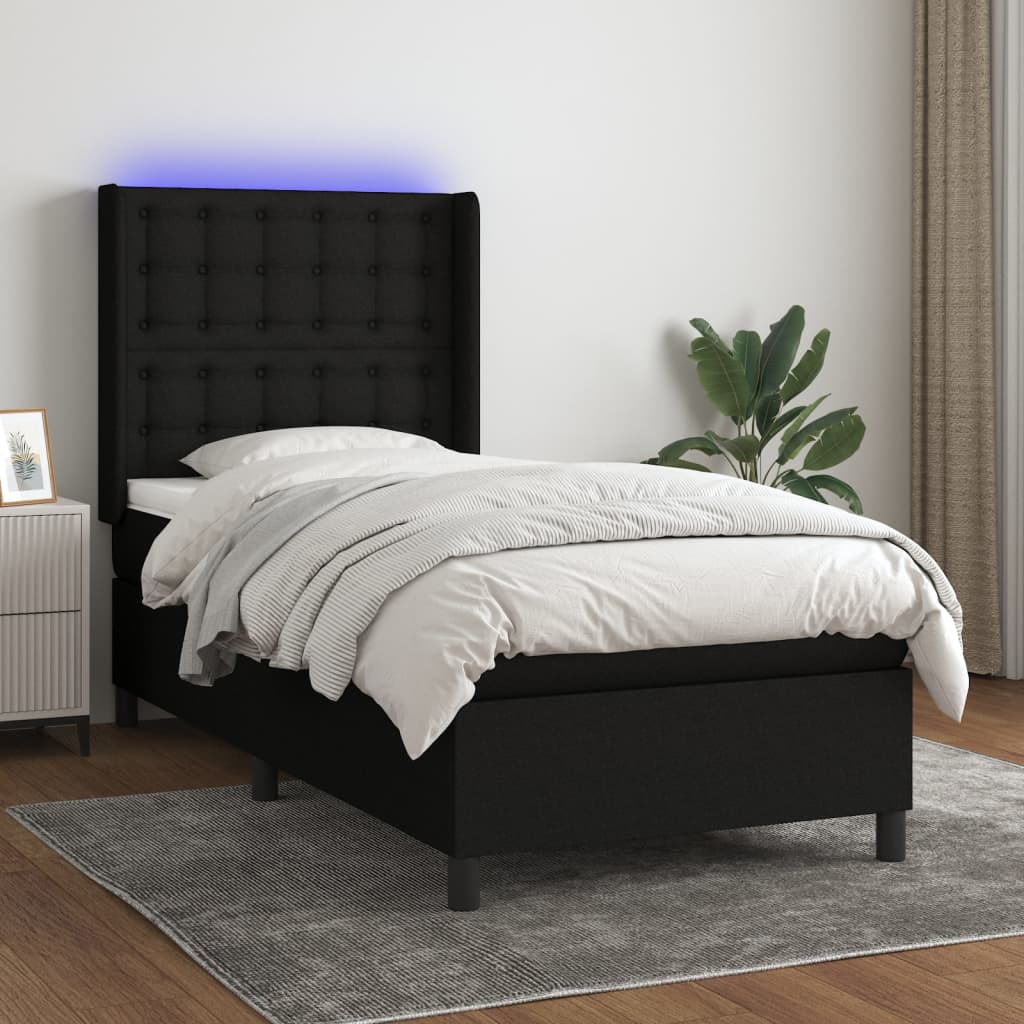 vidaXL Cama box spring colchón y luces LED tela negro 90x190 cm