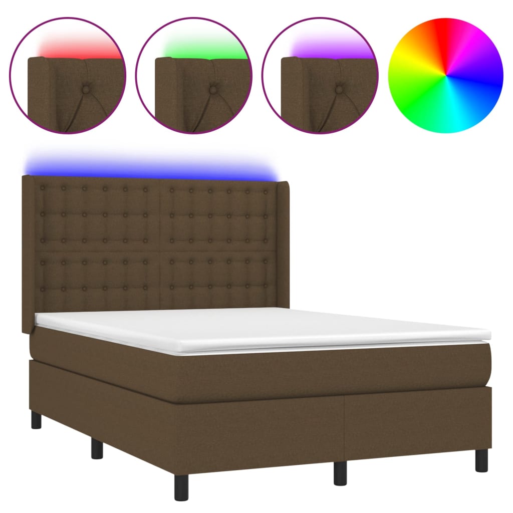 vidaXL Cama box spring colchón luces LED tela marrón oscuro 140x190 cm