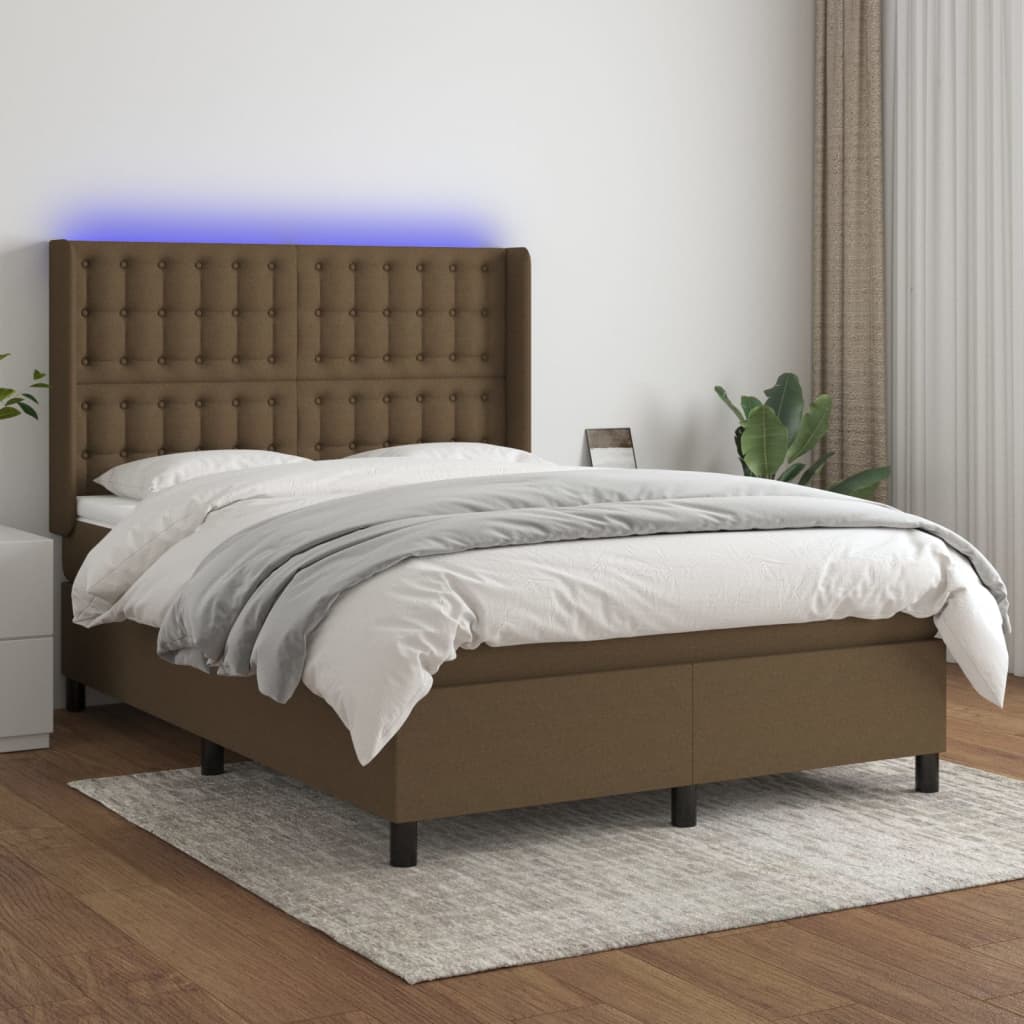 vidaXL Cama box spring colchón luces LED tela marrón oscuro 140x190 cm