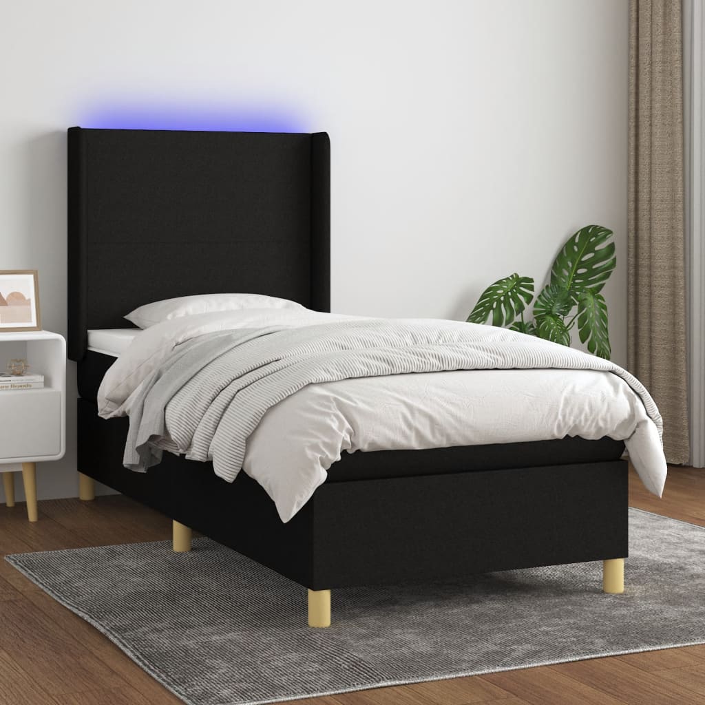 vidaXL Cama box spring colchón y luces LED tela negro 90x190 cm