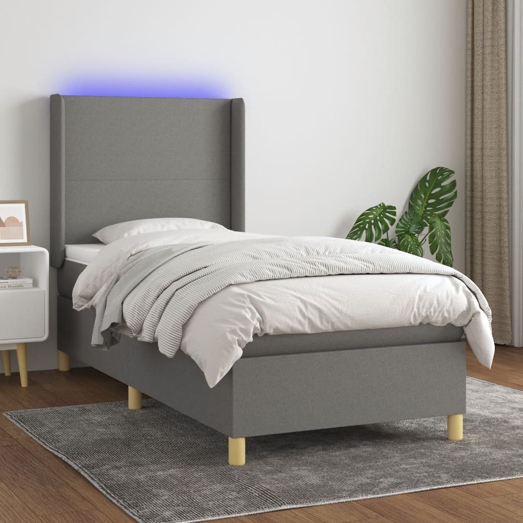 vidaXL Cama box spring colchón y luces LED tela gris oscuro 100x200 cm