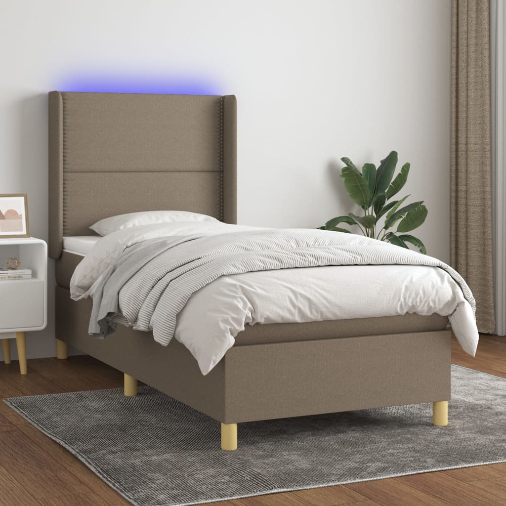 vidaXL Cama box spring colchón y luces LED tela marrón oscuro 90x200cm