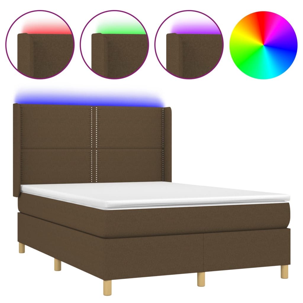 vidaXL Cama box spring colchón luces LED tela marrón oscuro 140x190 cm