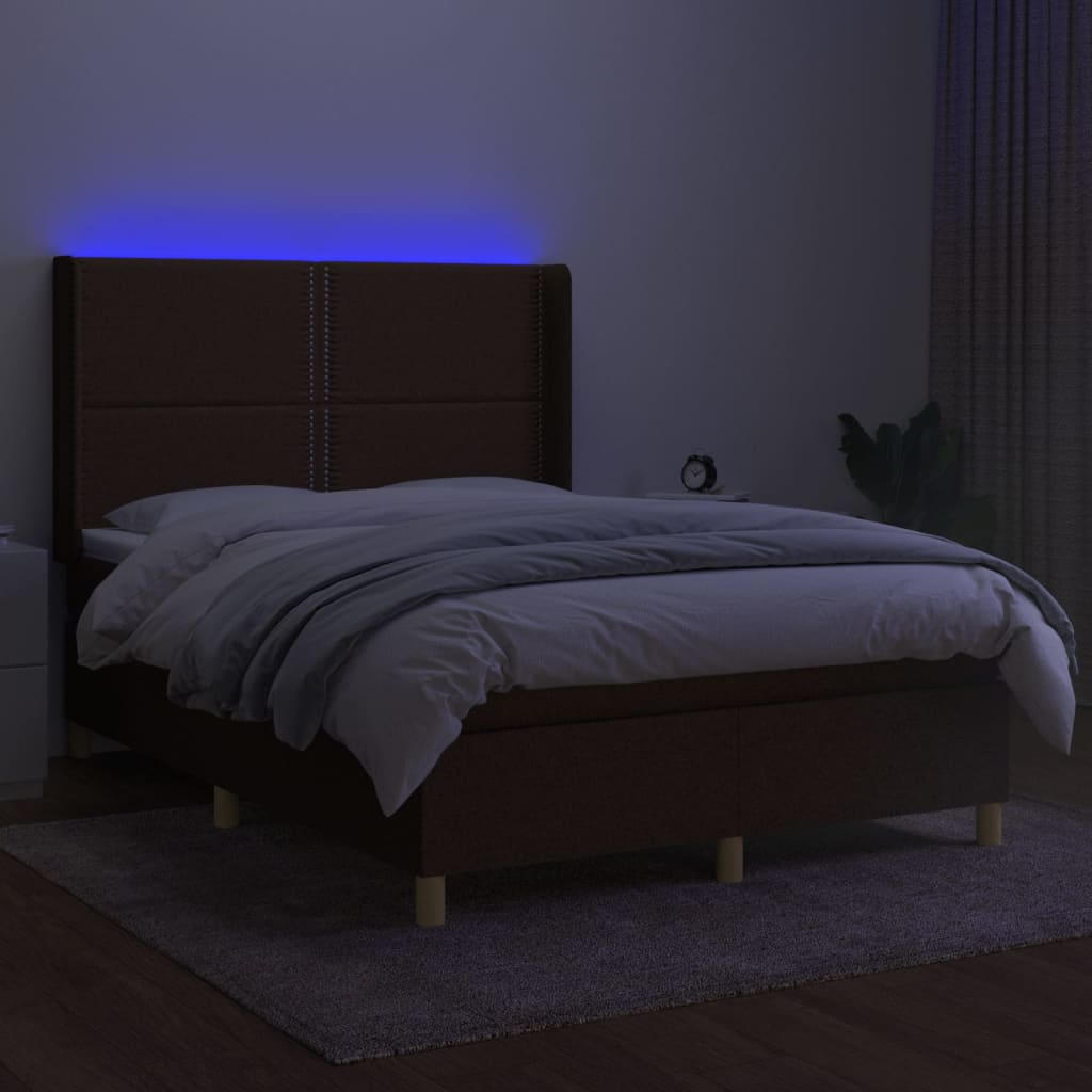 vidaXL Cama box spring colchón luces LED tela marrón oscuro 140x190 cm