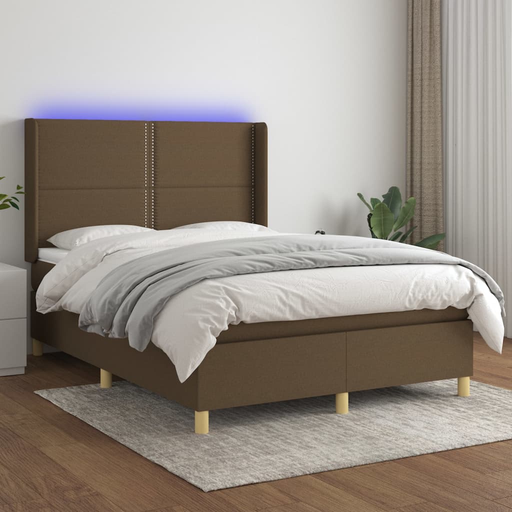 vidaXL Cama box spring colchón luces LED tela marrón oscuro 140x190 cm