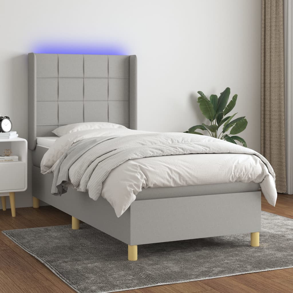 vidaXL Cama box spring colchón y luces LED tela gris claro 90x190 cm