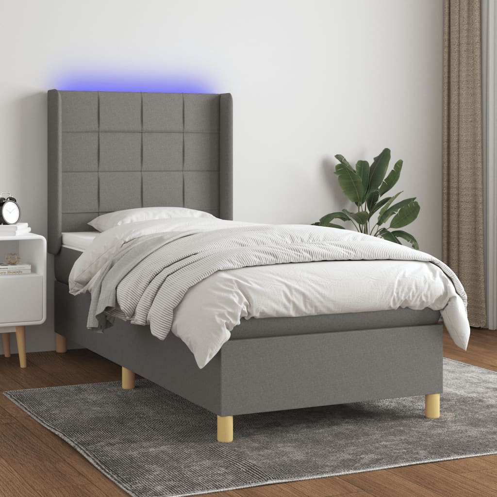 vidaXL Cama box spring colchón y luces LED tela gris oscuro 90x190 cm