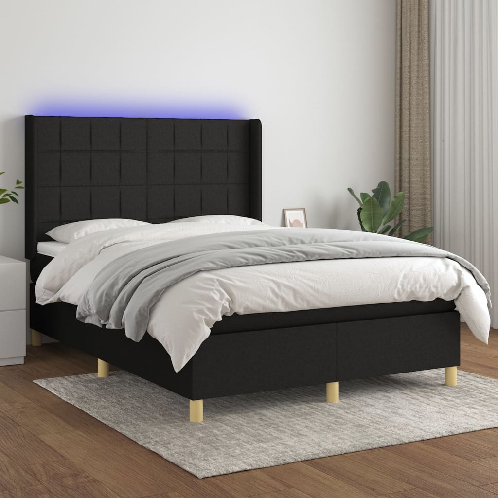 vidaXL Cama box spring colchón y luces LED tela negro 140x190 cm