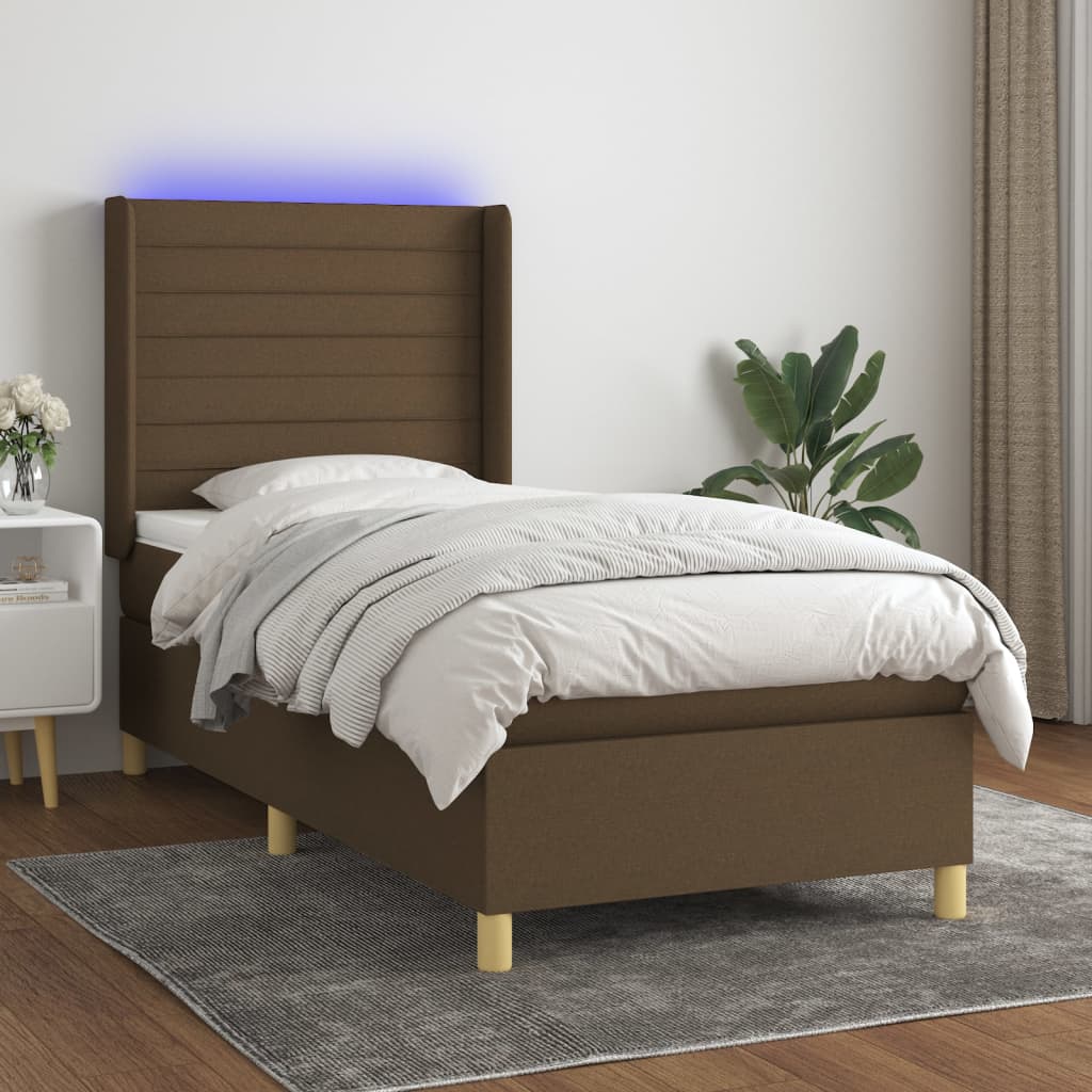 vidaXL Cama box spring colchón y luces LED tela marrón oscuro 80x200cm