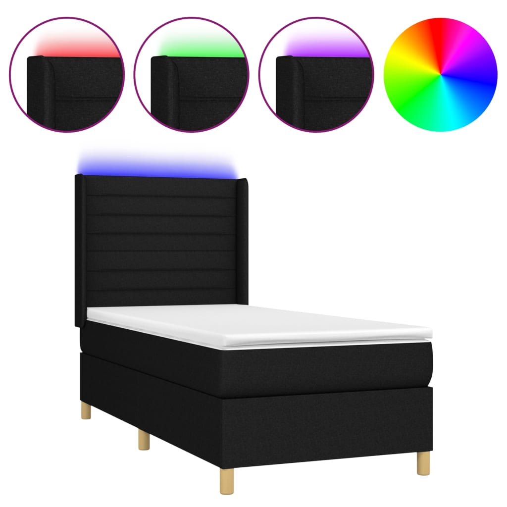 vidaXL Cama box spring colchón y luces LED tela negro 90x190 cm