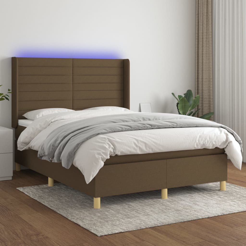 vidaXL Cama box spring colchón luces LED tela marrón oscuro 140x190 cm