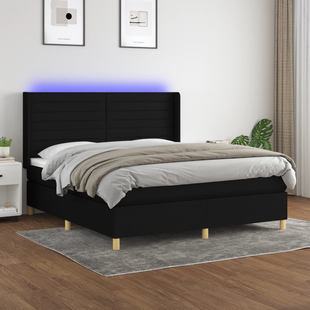 vidaXL Cama box spring colchón y luces LED tela negro 160x200 cm