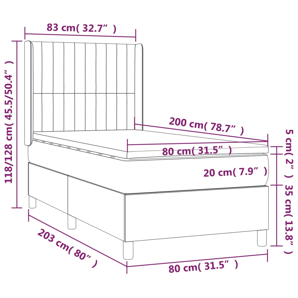 vidaXL Cama box spring colchón y luces LED tela gris claro 80x200 cm