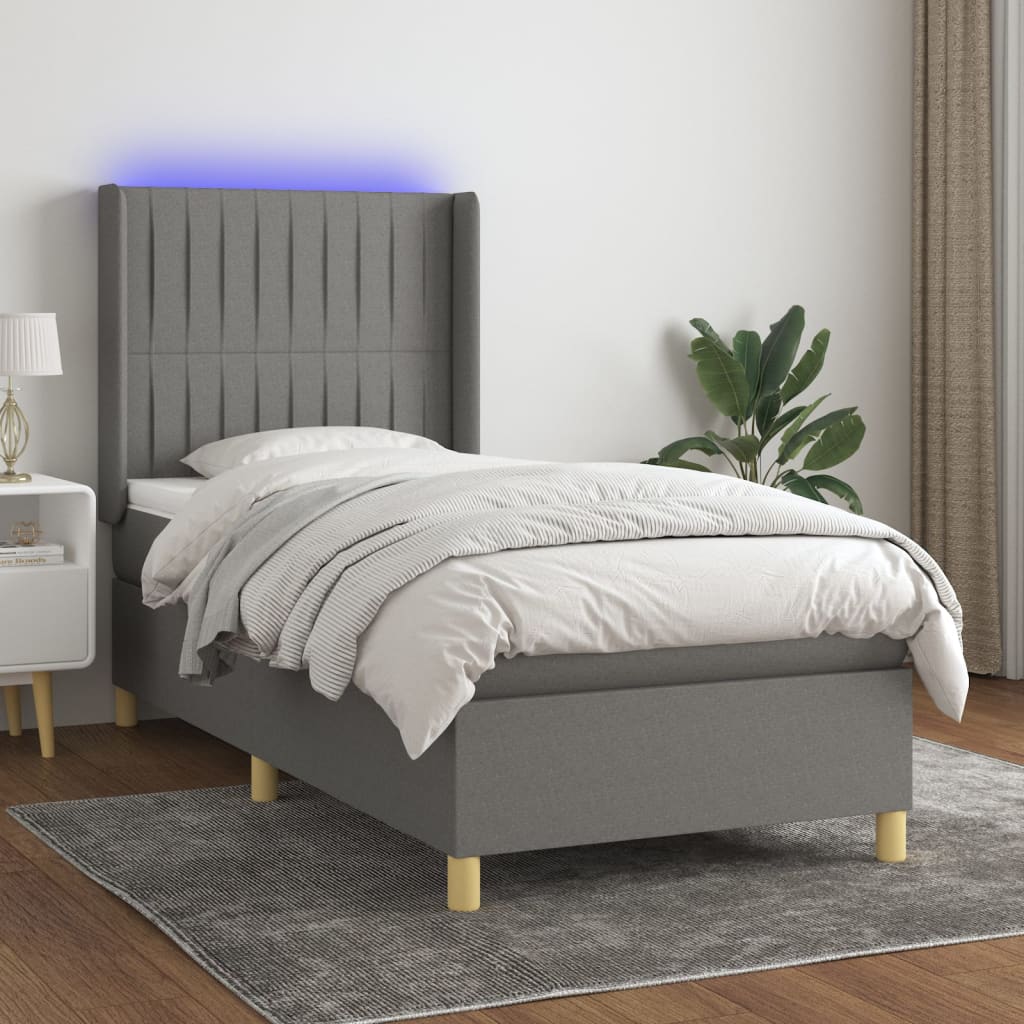 vidaXL Cama box spring colchón y luces LED tela gris oscuro 90x190 cm