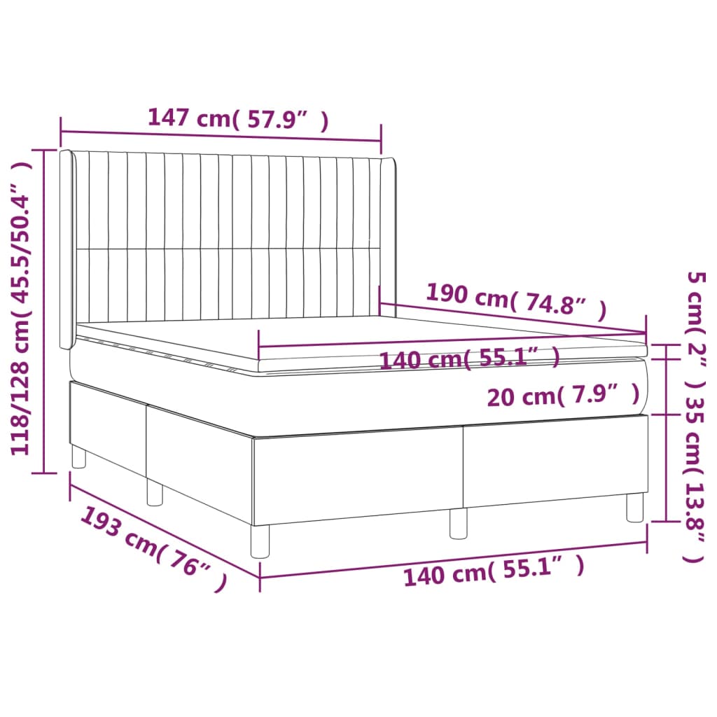 vidaXL Cama box spring colchón y luces LED tela crema 140x190 cm