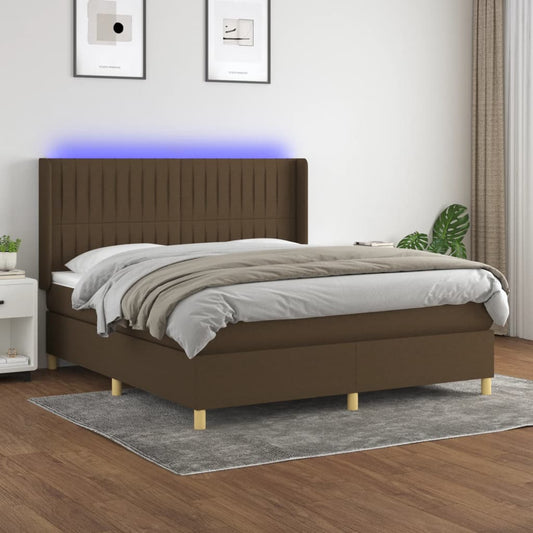 vidaXL Cama box spring colchón luces LED tela marrón oscuro 160x200cm