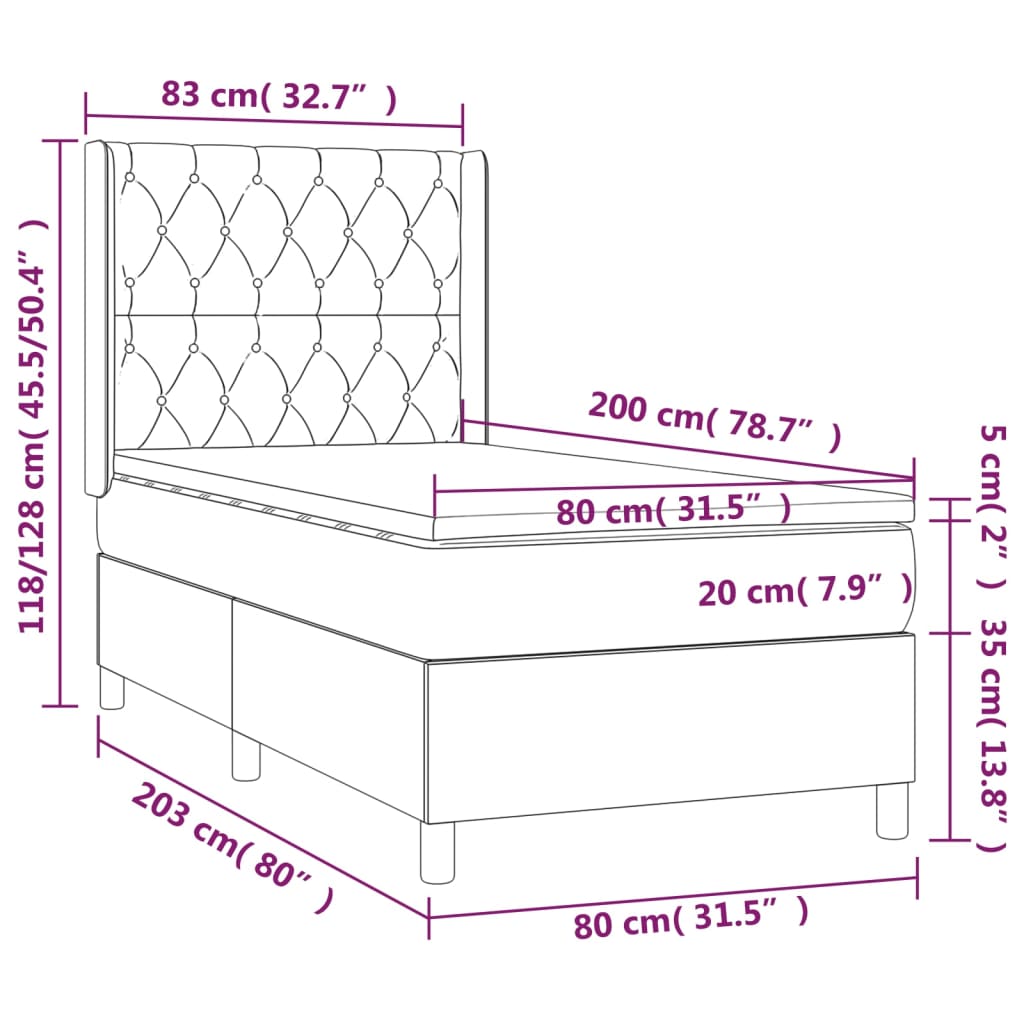 vidaXL Cama box spring colchón y luces LED tela marrón oscuro 80x200cm