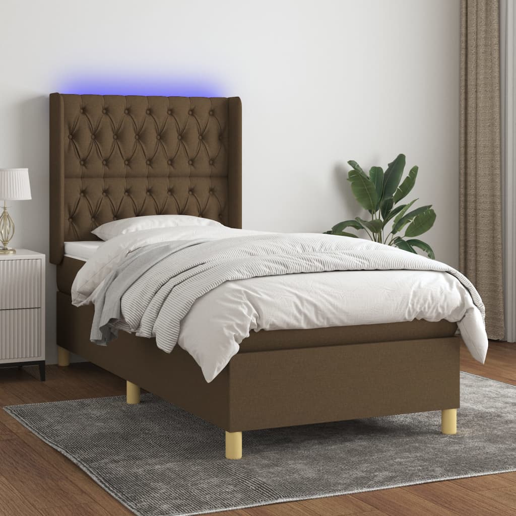 vidaXL Cama box spring colchón y luces LED tela marrón oscuro 90x200cm