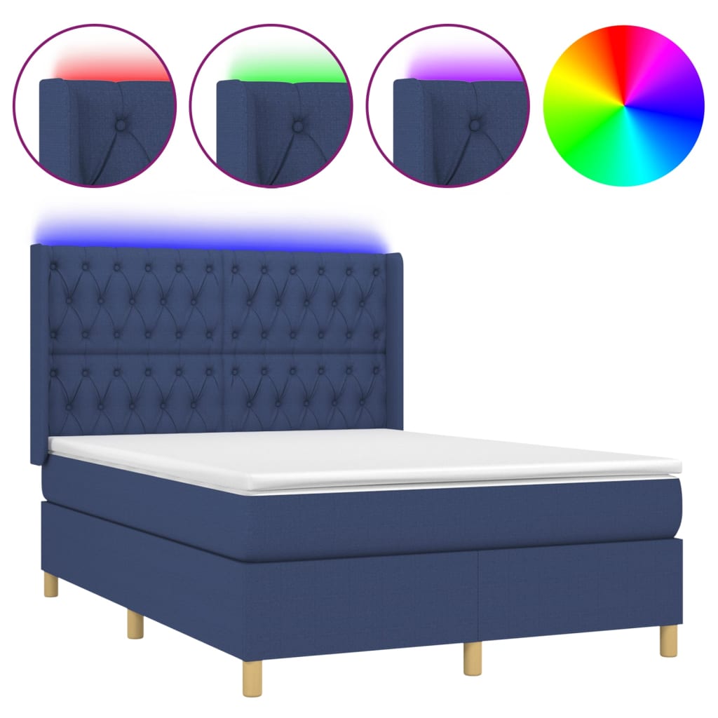 vidaXL Cama box spring colchón y luces LED tela azul 140x200 cm