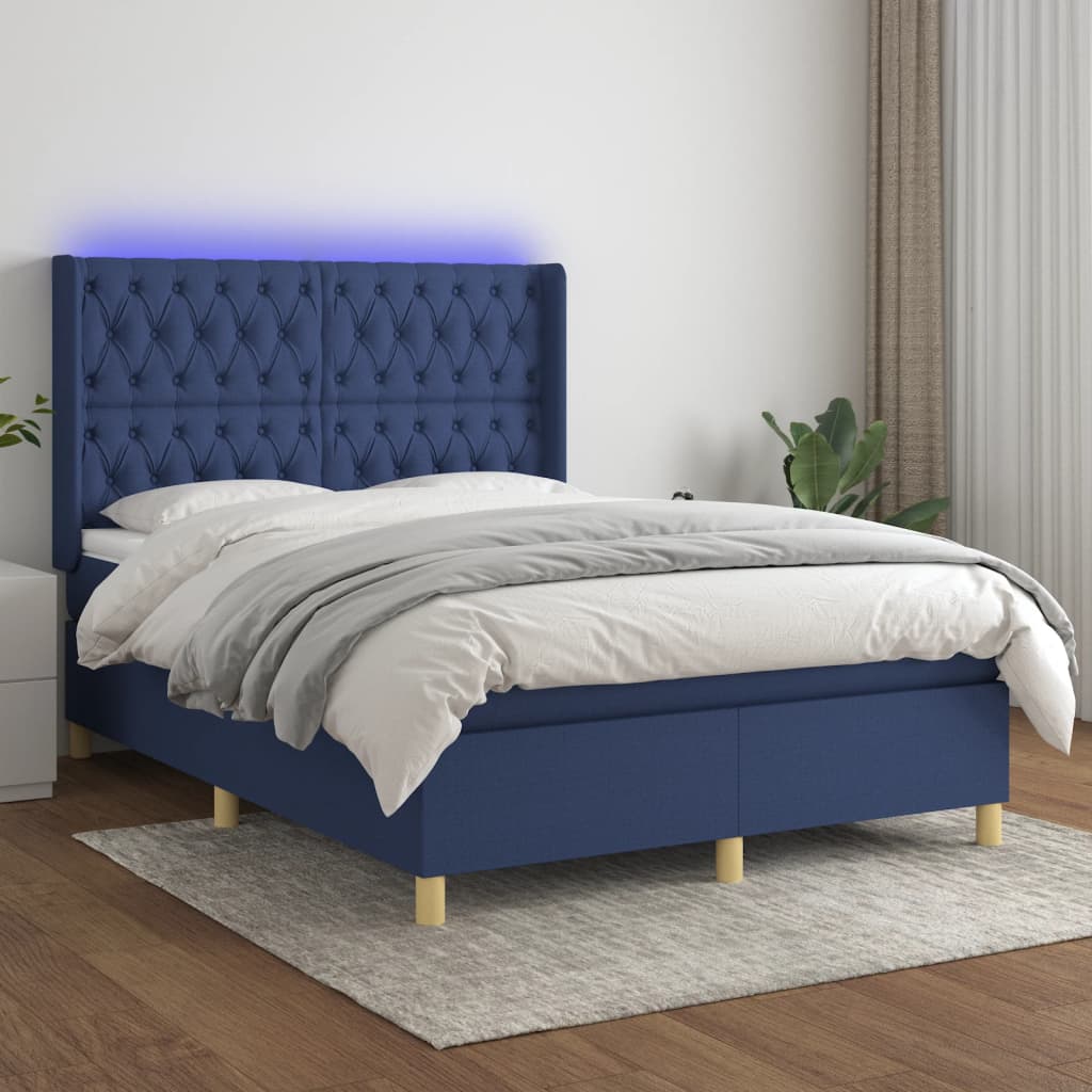 vidaXL Cama box spring colchón y luces LED tela azul 140x200 cm