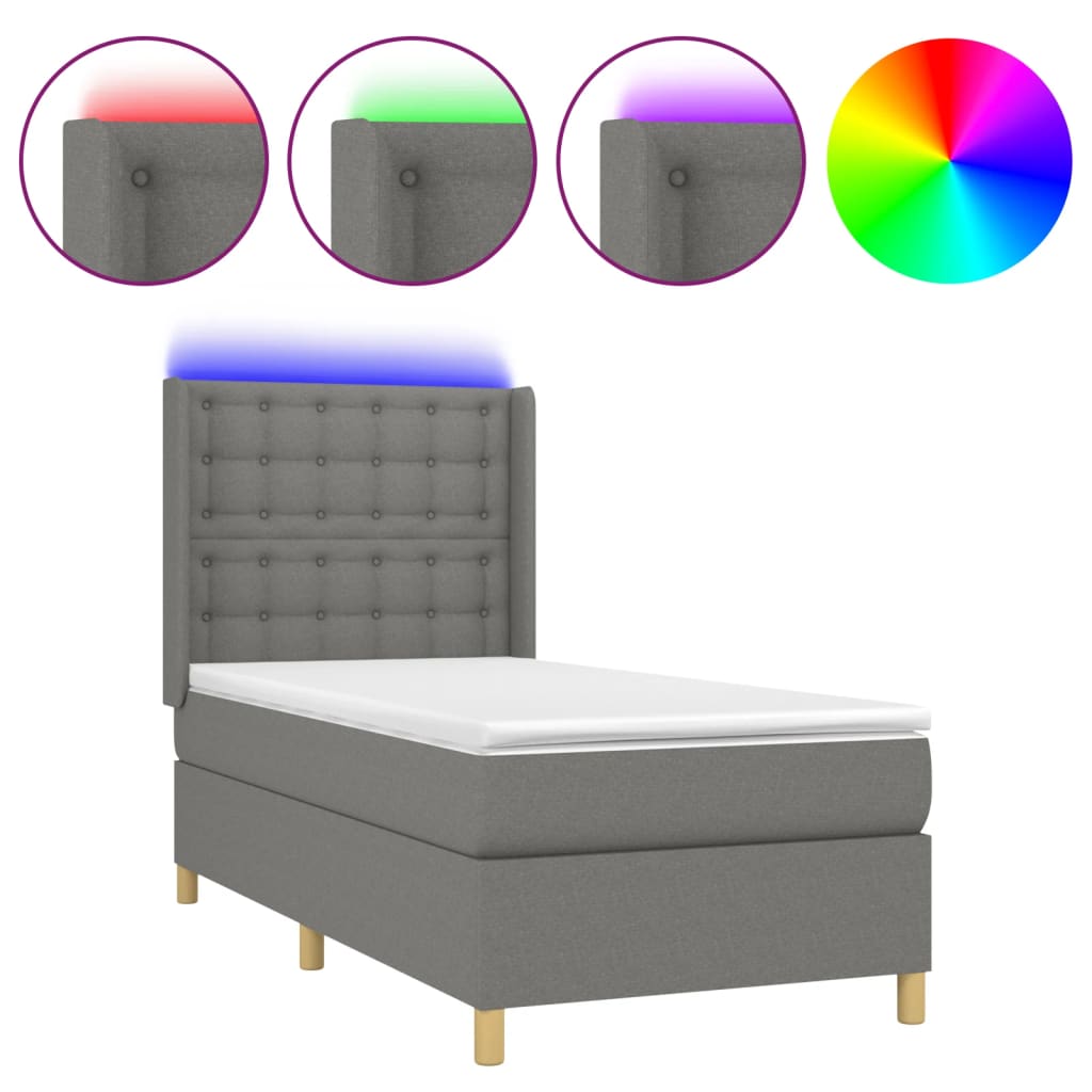 vidaXL Cama box spring colchón y luces LED tela gris oscuro 90x190 cm