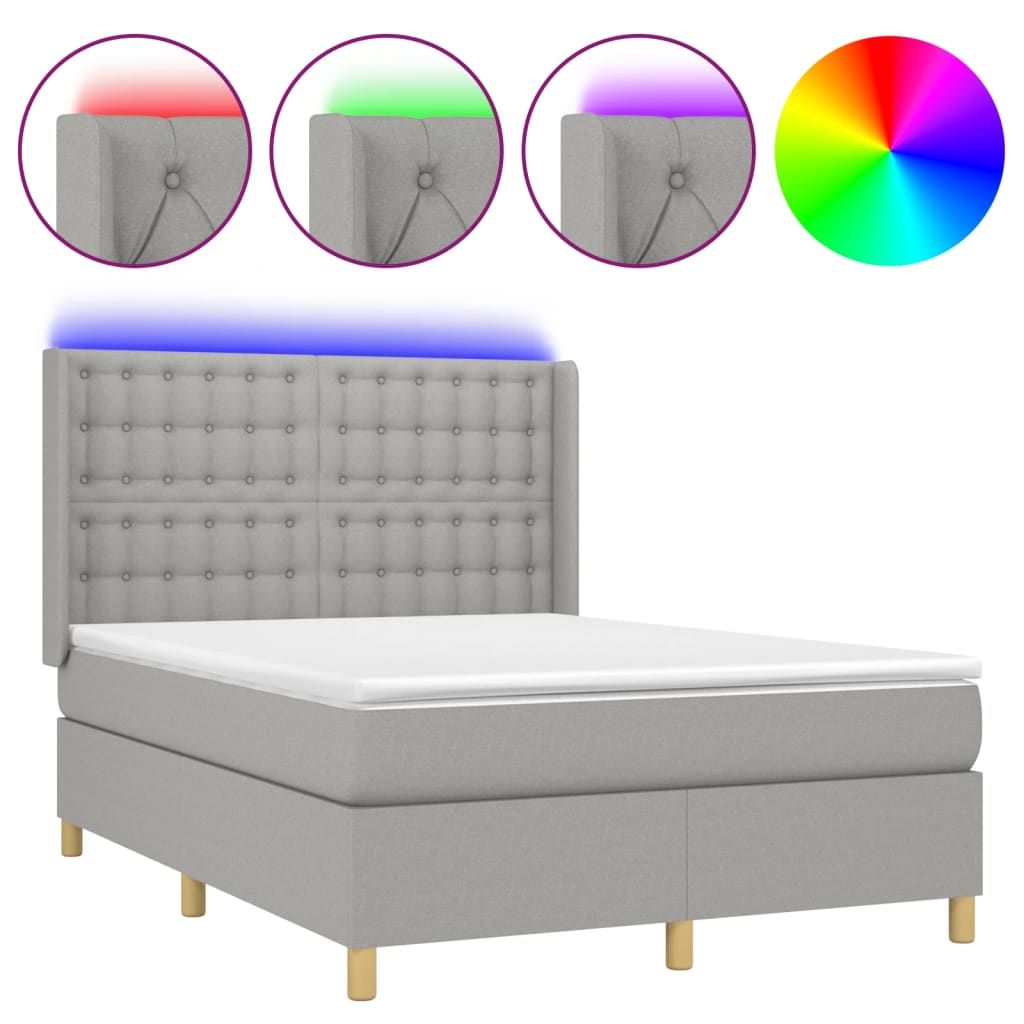 vidaXL Cama box spring colchón y luces LED tela gris claro 140x190 cm