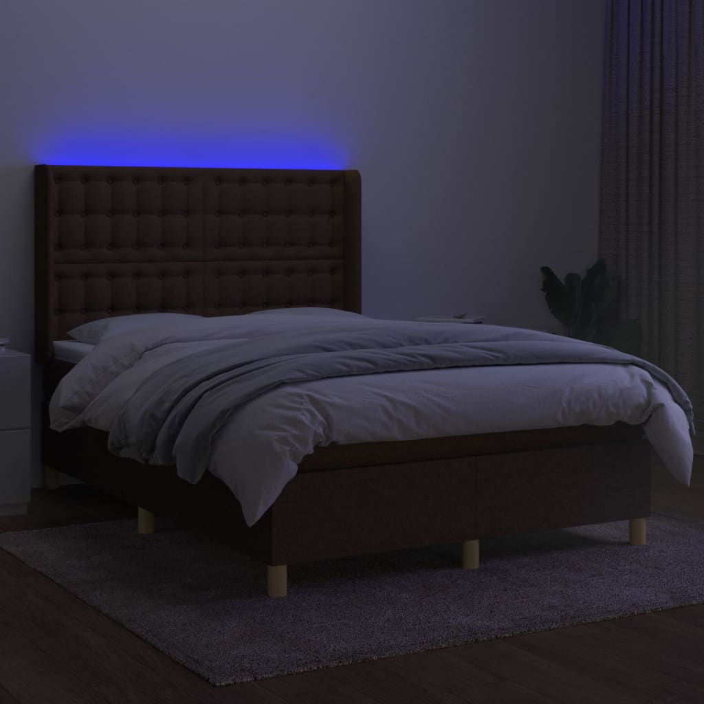 vidaXL Cama box spring colchón luces LED tela marrón oscuro 140x190 cm