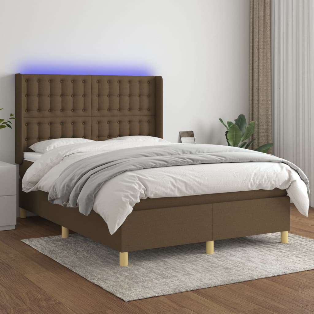 vidaXL Cama box spring colchón luces LED tela marrón oscuro 140x190 cm