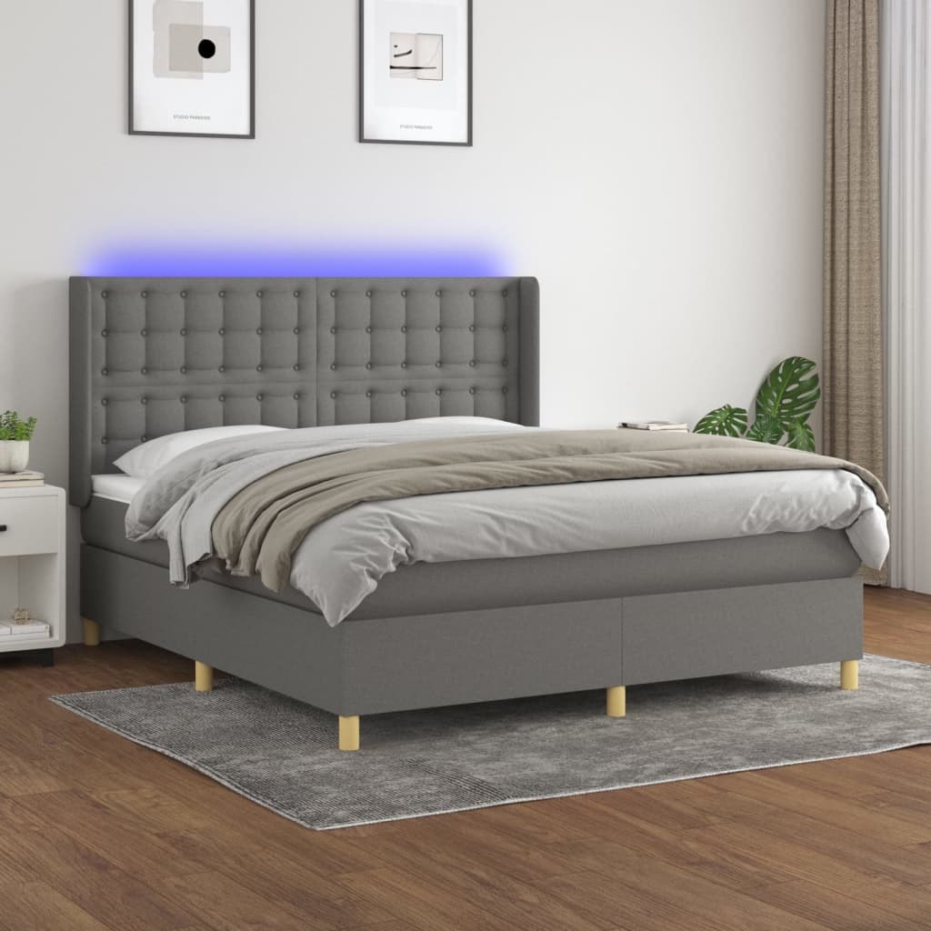 vidaXL Cama box spring colchón y luces LED tela gris oscuro 160x200 cm