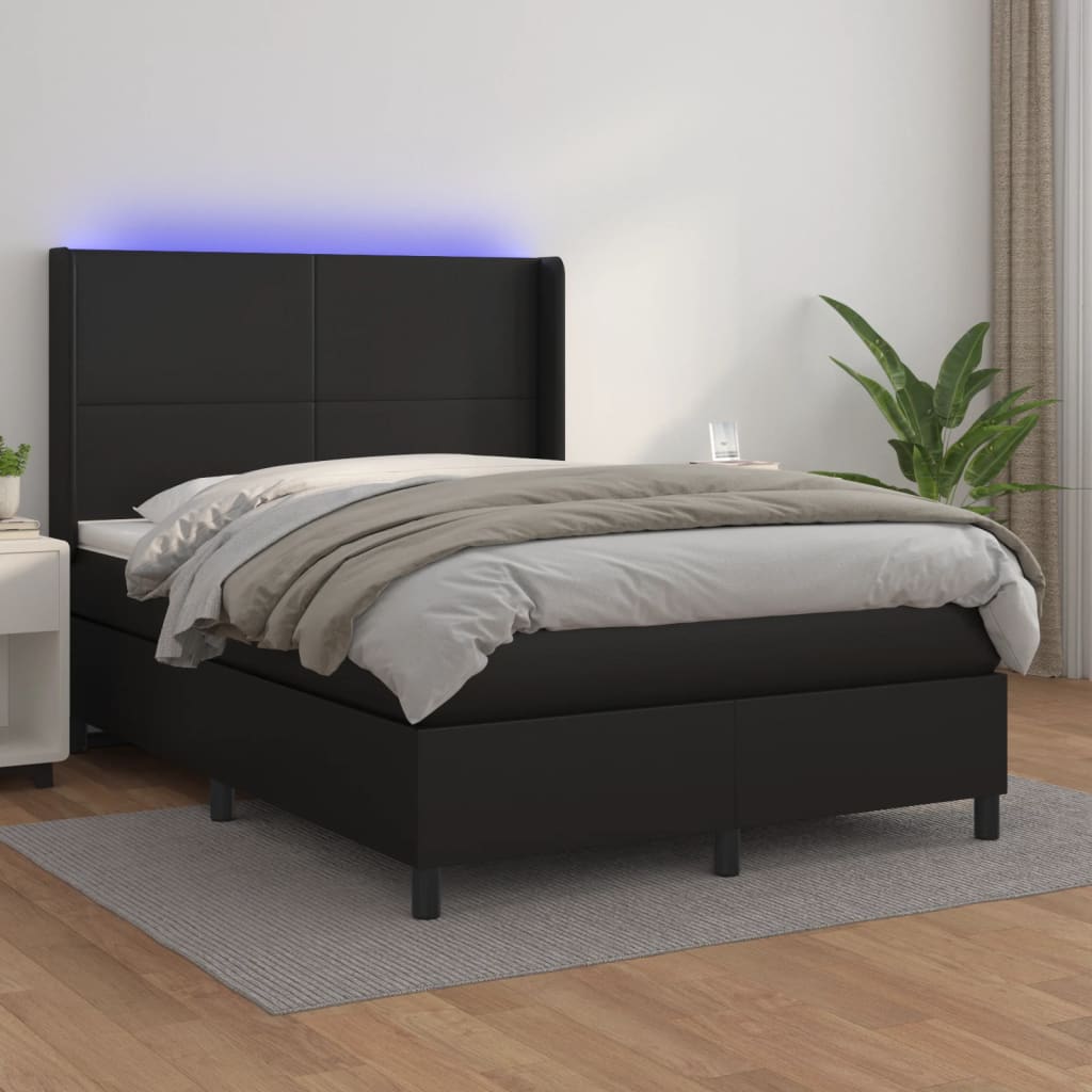 vidaXL Cama box spring colchón y LED cuero sintético negro 140x190 cm