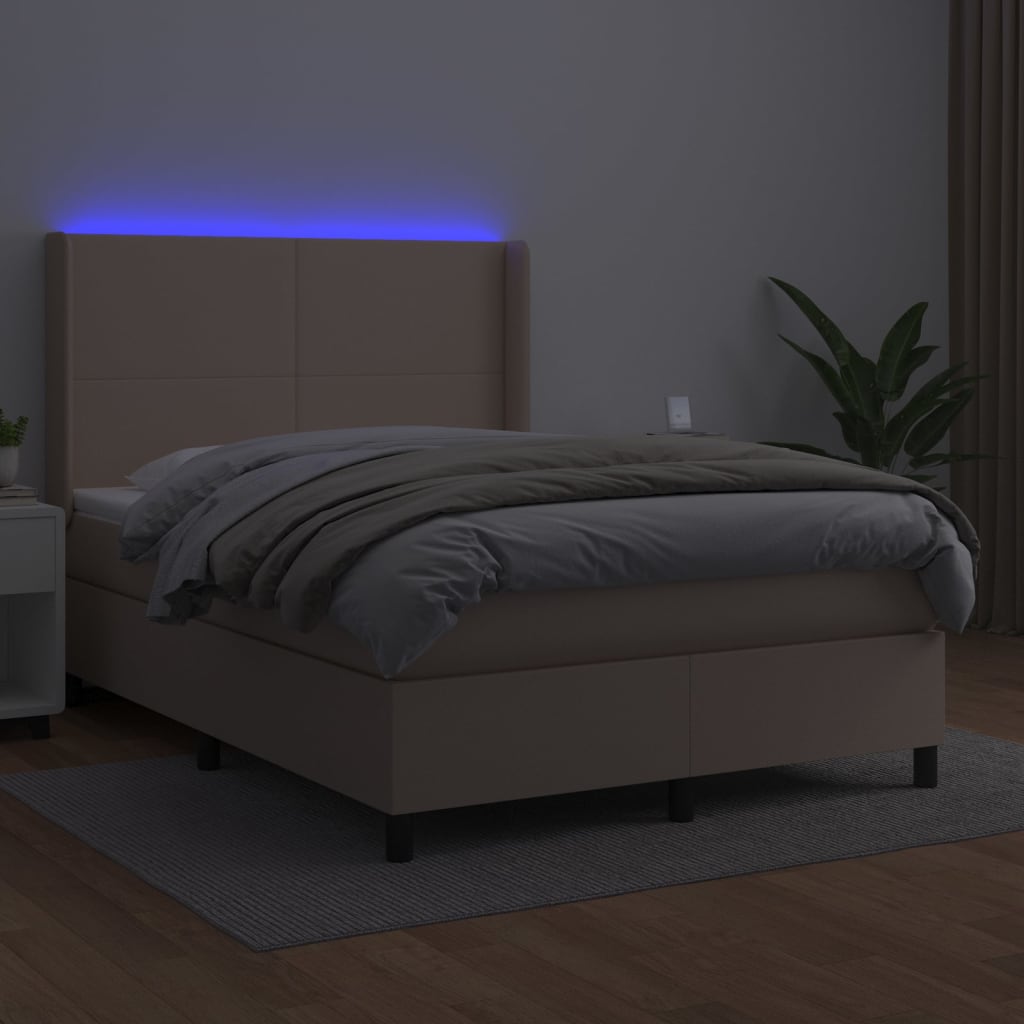 vidaXL Cama box spring colchón LED cuero sintético capuchino 140x200cm