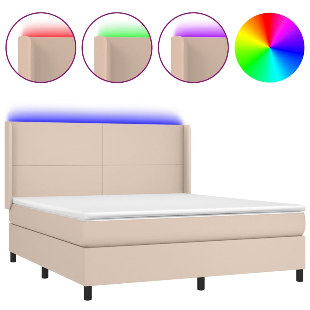 vidaXL Cama box spring colchón LED cuero sintético capuchino 180x200cm