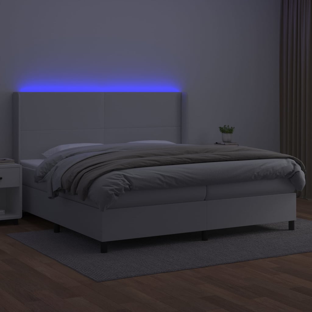 vidaXL Cama box spring colchón y LED cuero sintético blanco 200x200 cm