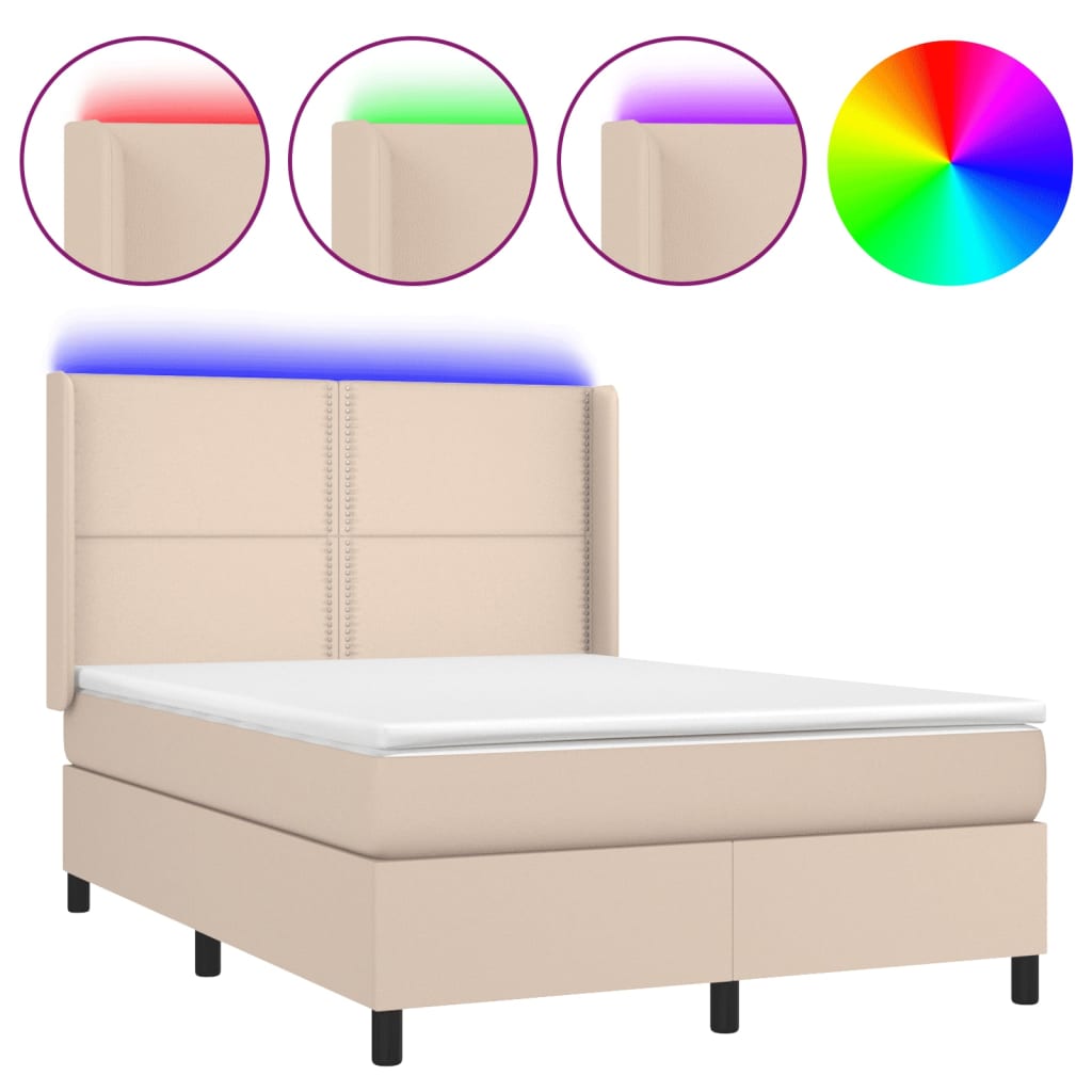 vidaXL Cama box spring colchón LED cuero sintético capuchino 140x200cm