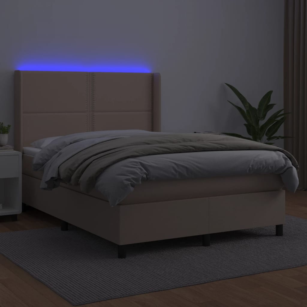 vidaXL Cama box spring colchón LED cuero sintético capuchino 140x200cm