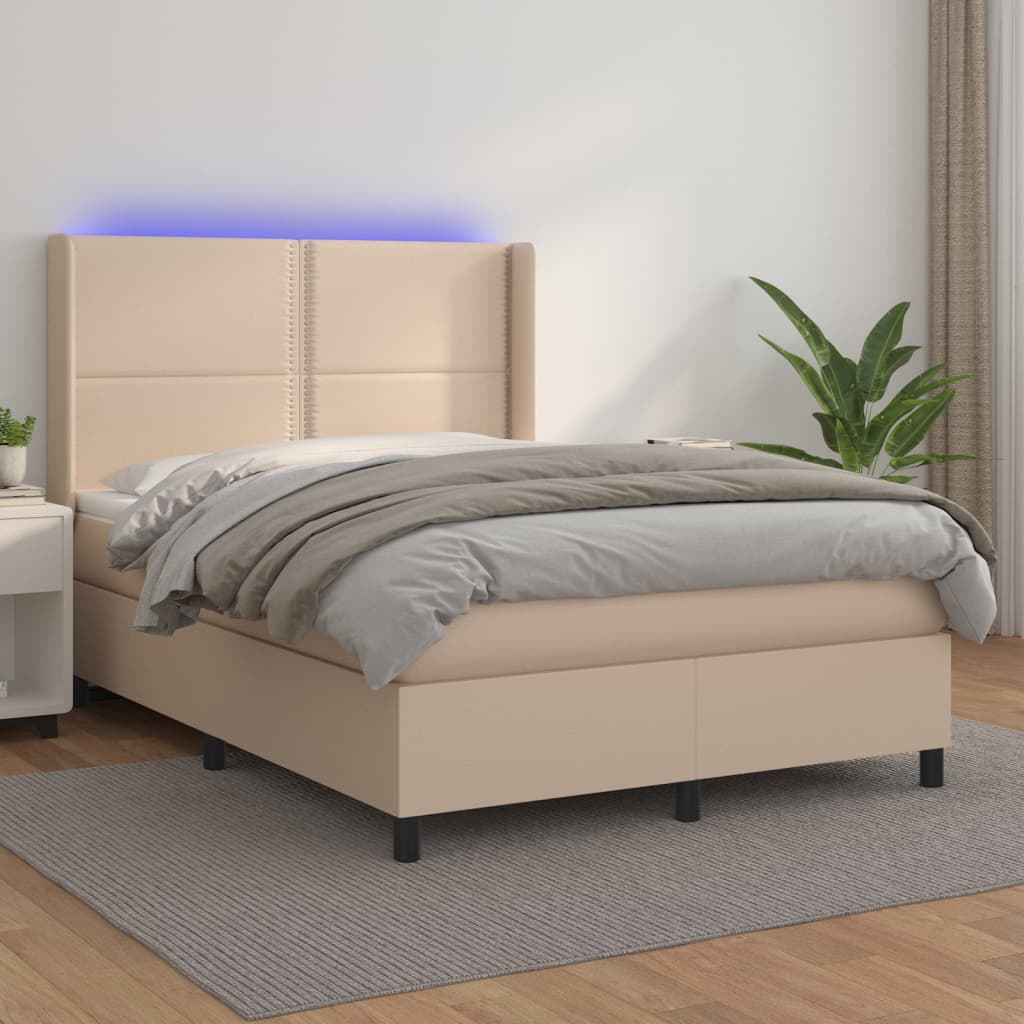 vidaXL Cama box spring colchón LED cuero sintético capuchino 140x200cm