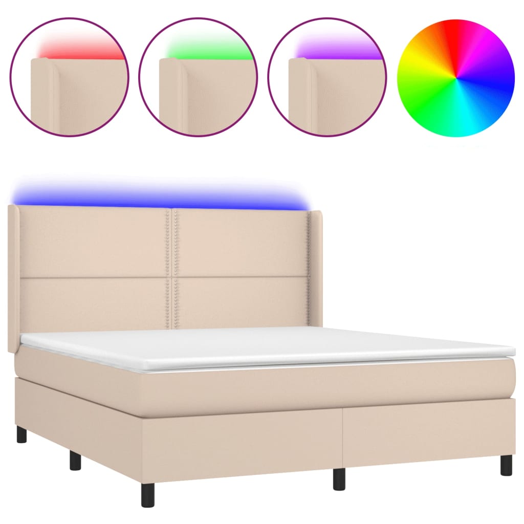 vidaXL Cama box spring colchón LED cuero sintético capuchino 180x200cm