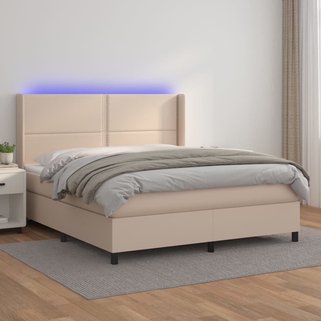 vidaXL Cama box spring colchón LED cuero sintético capuchino 180x200cm