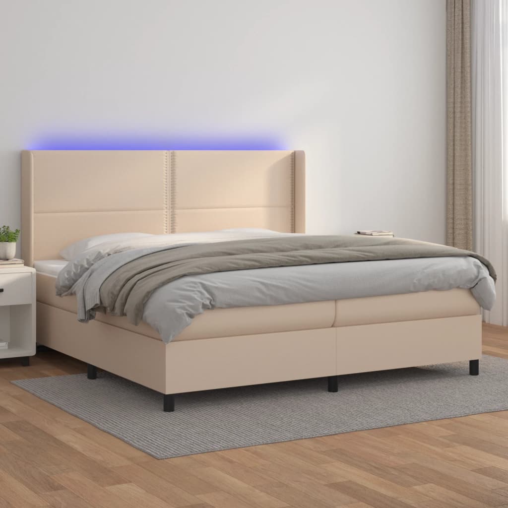 vidaXL Cama box spring colchón LED cuero sintético capuchino 200x200cm