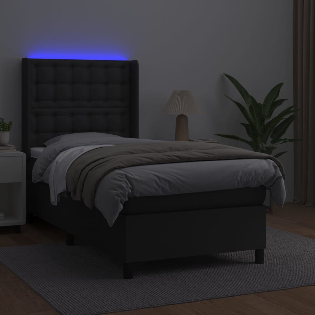 vidaXL Cama box spring y colchón LED cuero sintético negro 90x190 cm