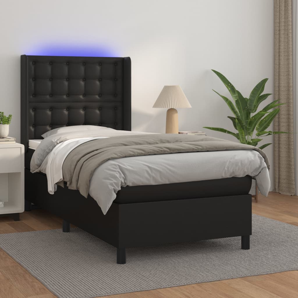 vidaXL Cama box spring y colchón LED cuero sintético negro 90x190 cm