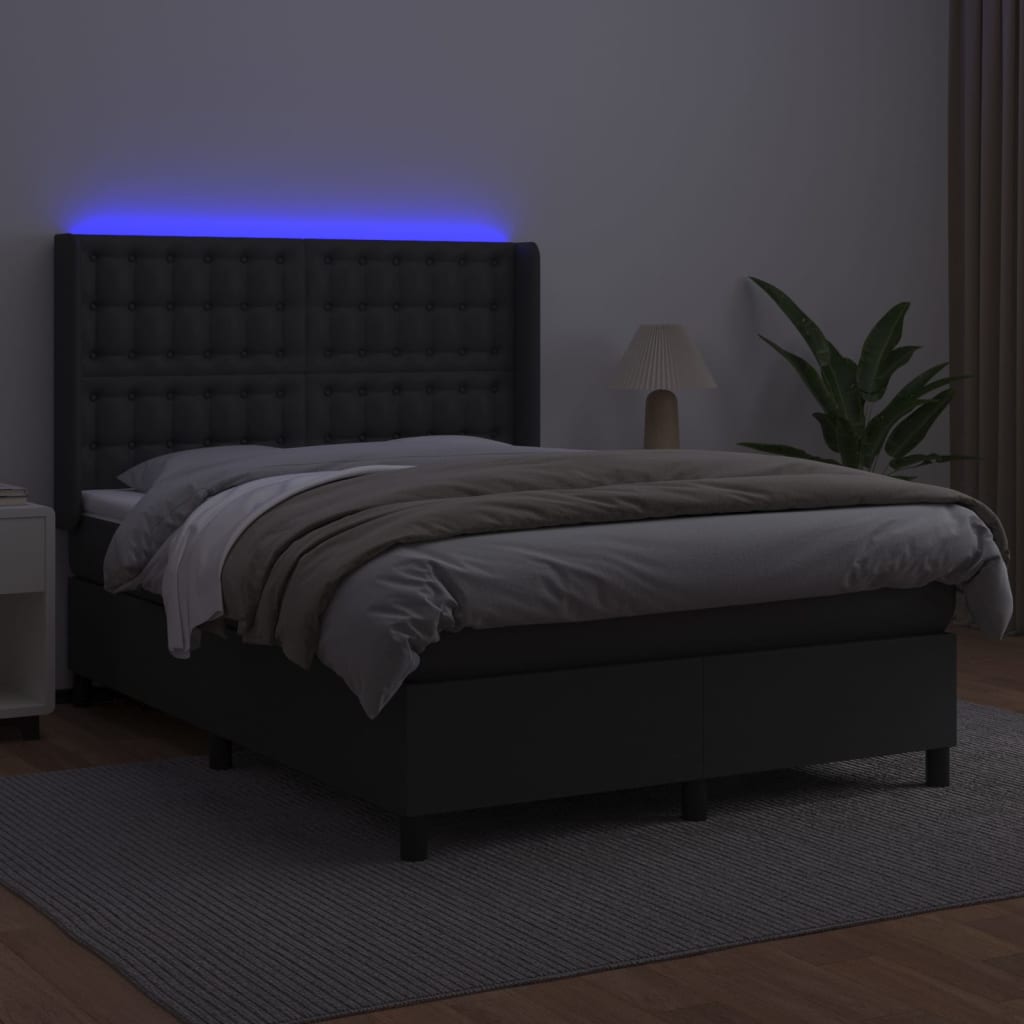 vidaXL Cama box spring colchón y LED cuero sintético negro 140x200 cm