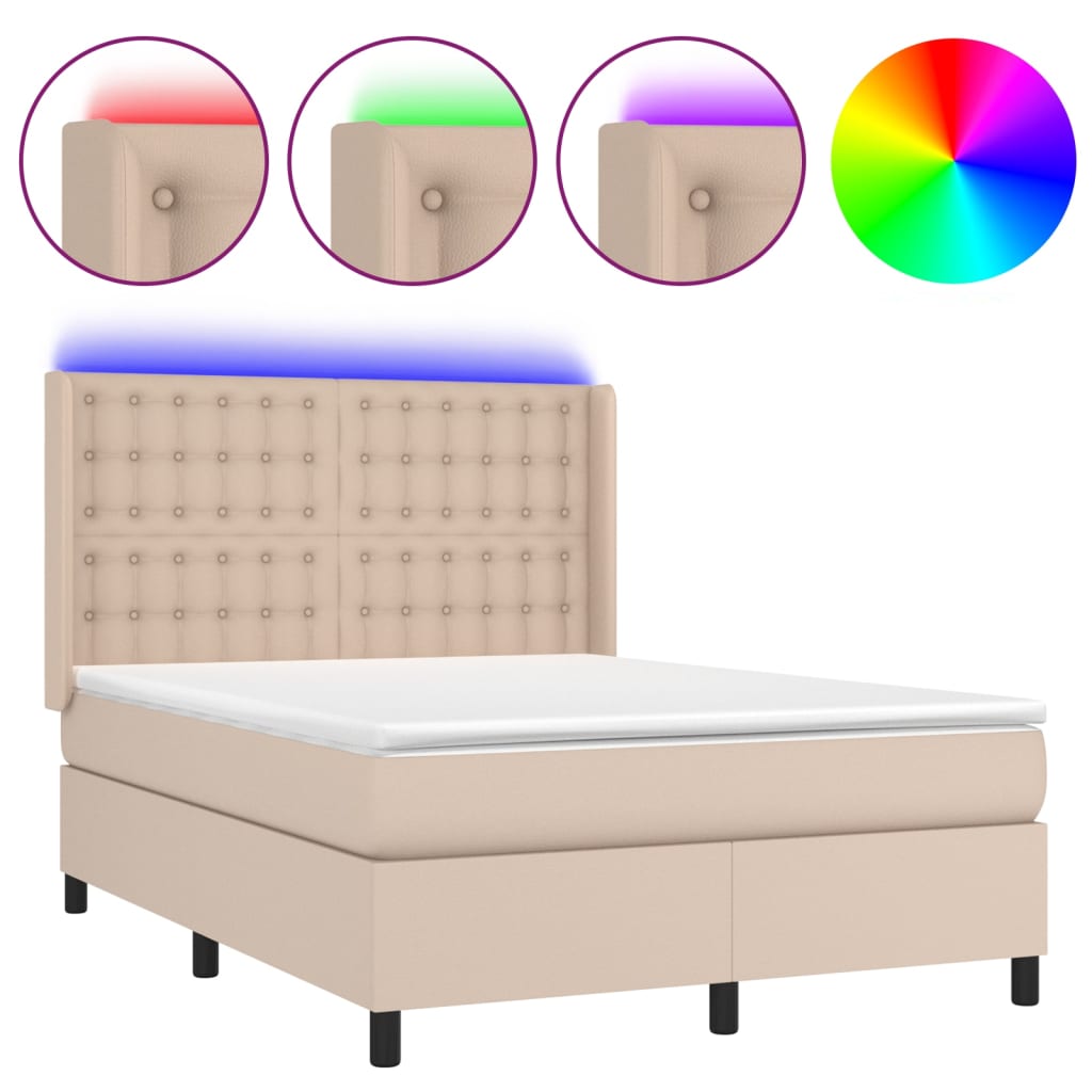 vidaXL Cama box spring colchón LED cuero sintético capuchino 140x200cm