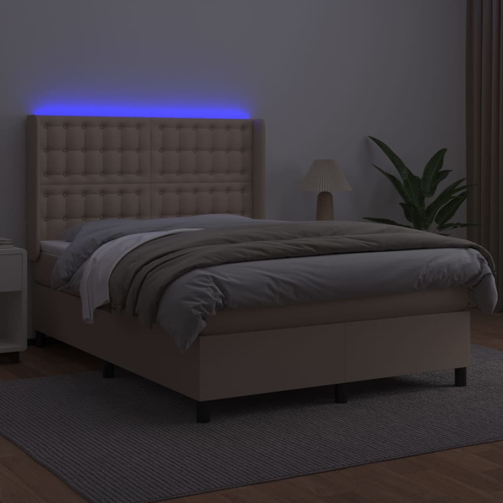 vidaXL Cama box spring colchón LED cuero sintético capuchino 140x200cm