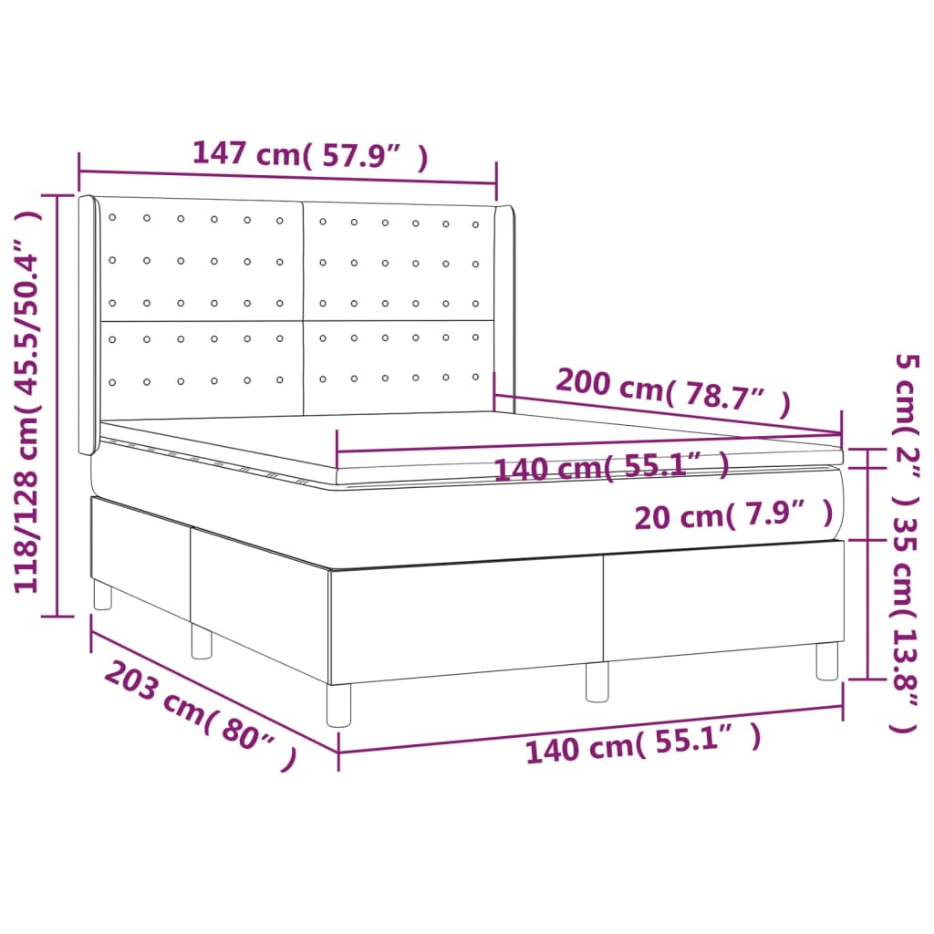 vidaXL Cama box spring colchón LED cuero sintético capuchino 140x200cm