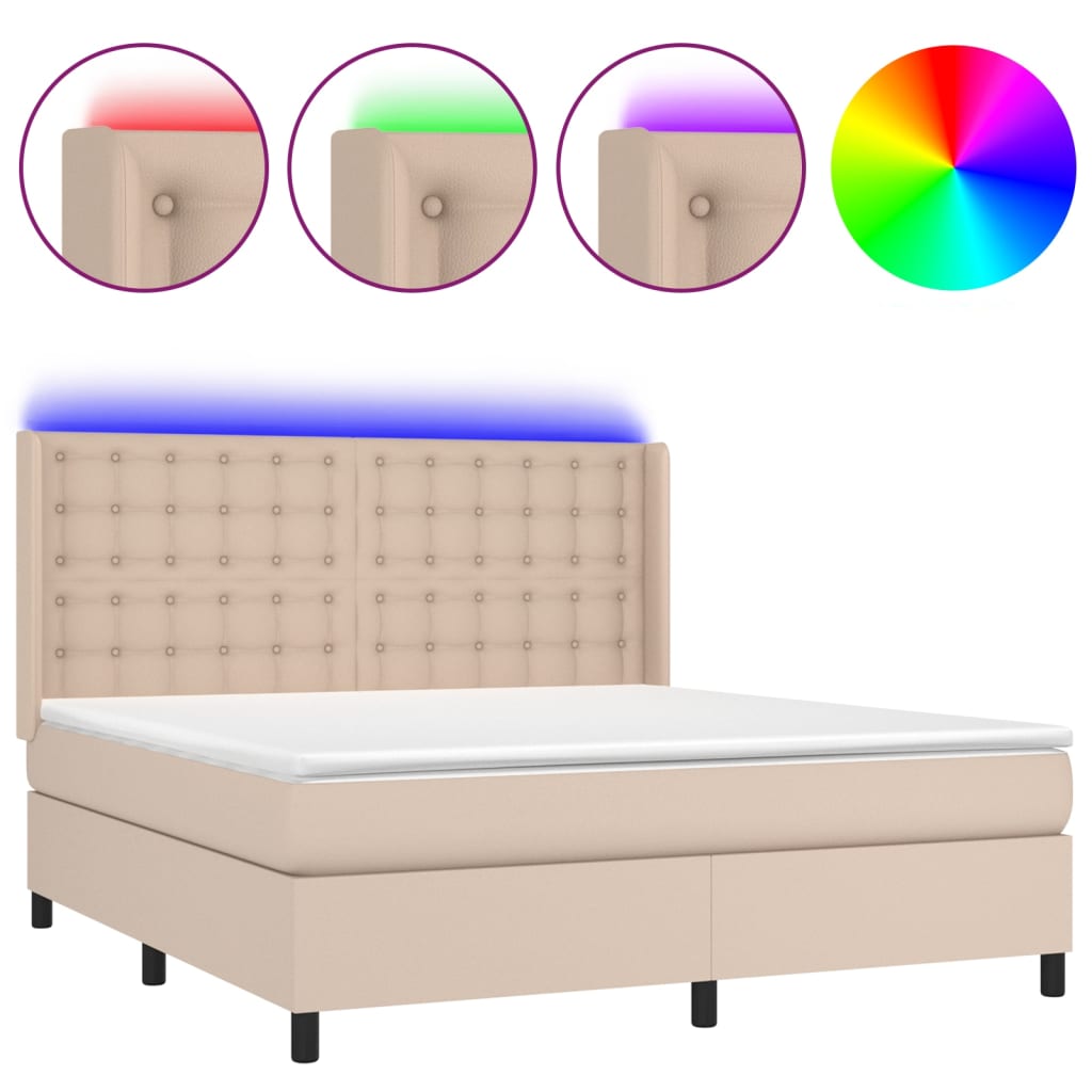 vidaXL Cama box spring colchón LED cuero sintético capuchino 180x200cm