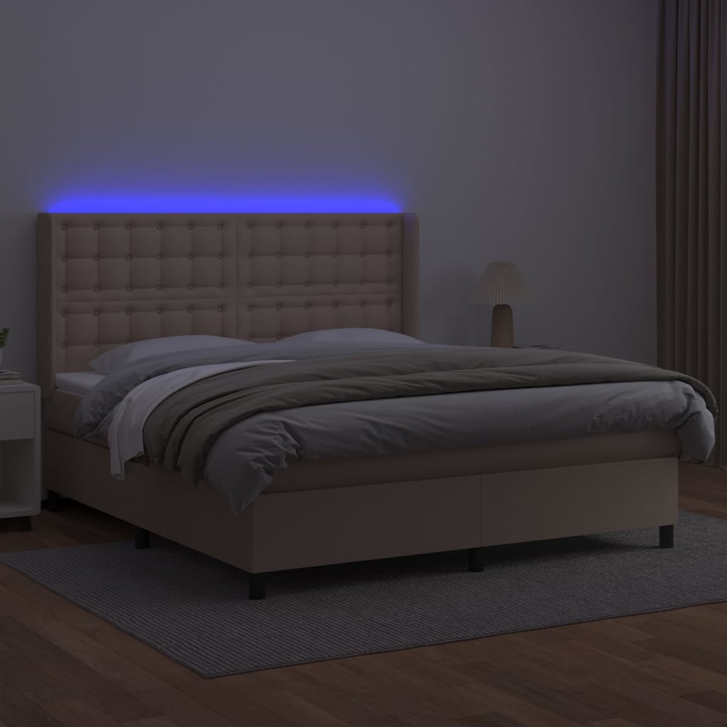 vidaXL Cama box spring colchón LED cuero sintético capuchino 180x200cm