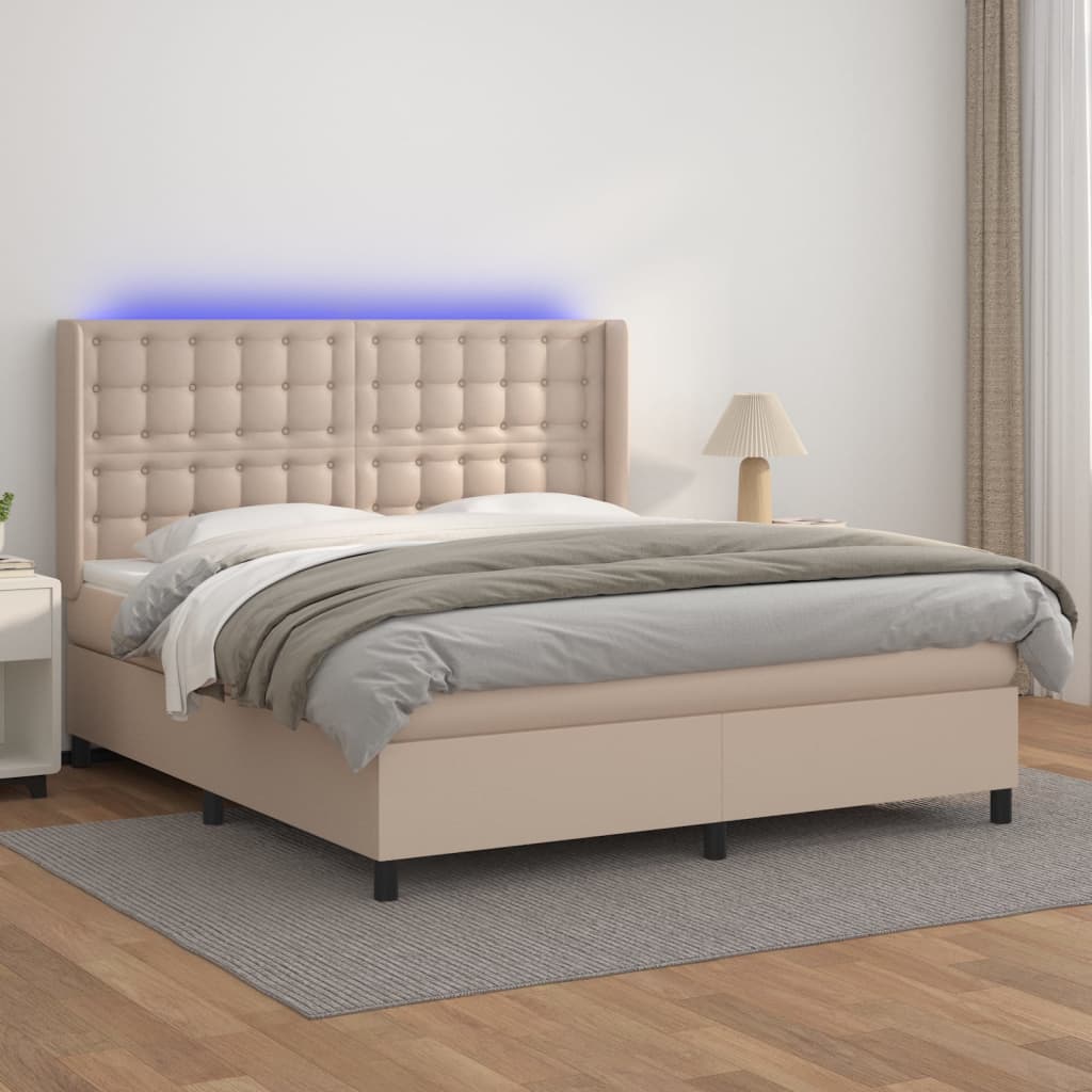 vidaXL Cama box spring colchón LED cuero sintético capuchino 180x200cm